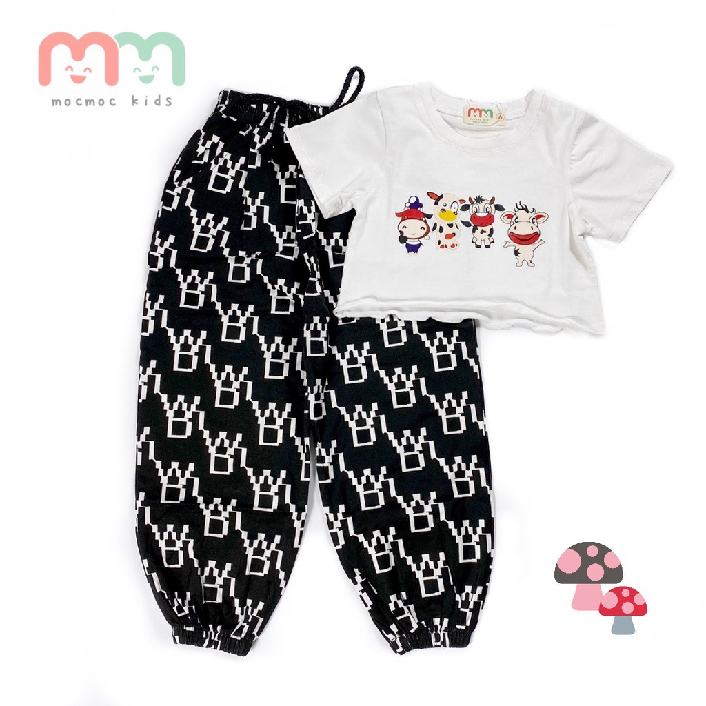 Set thể thao bé gái tập nhảy cá tính áo croptop bò sữa quần jogger thun cotton co dãn thoải mái cho bé 13kg đến 22kg