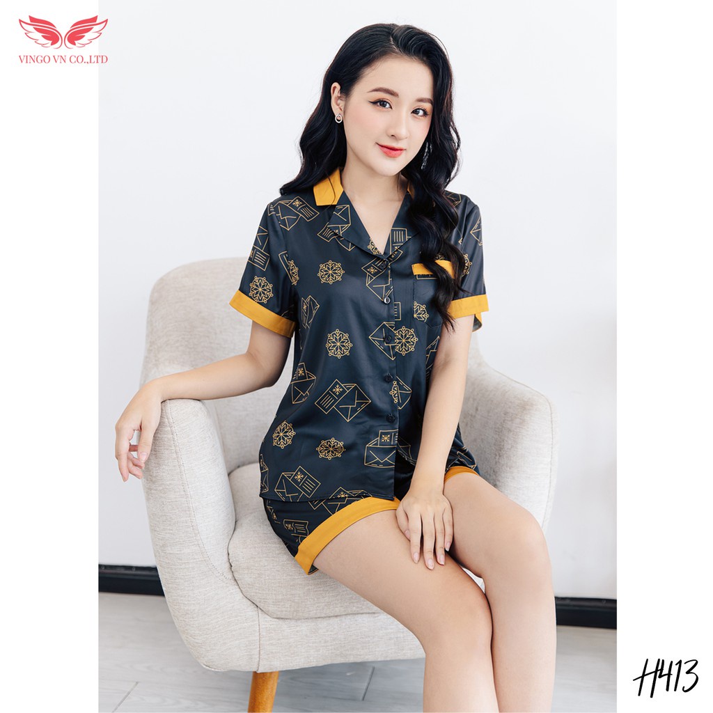 Bộ đồ nữ Pijama mặc nhà VINGO lụa Pháp tay cộc quần cộc họa tiết phong thư sang chảnh màu xanh than H413 VNGO - TCQC