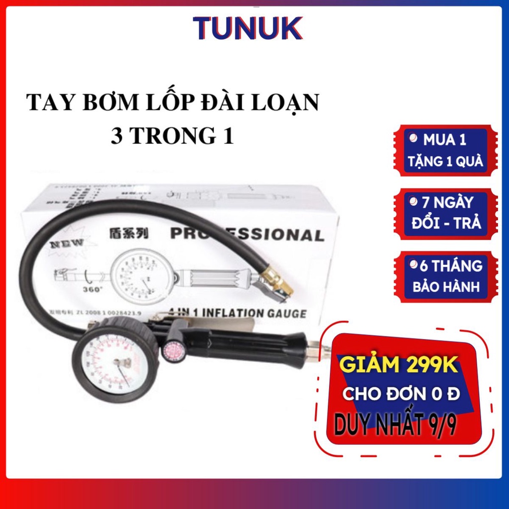 Tay bơm lốp 3 trong 1 Tunuk , đồng hồ bơm lốp Kaupsi