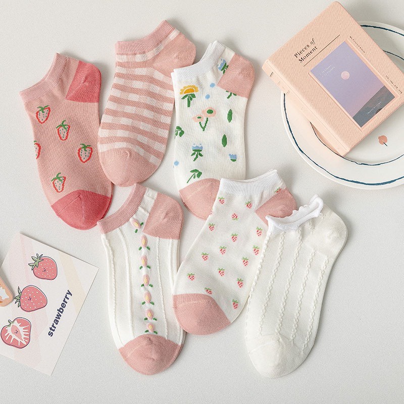 Tất vớ cổ ngắn họa tiết Vintage dễ thương màu trắng màu hồng cho nữ LUCIA SISTER T10