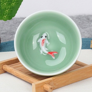 Chén gốm sứ cá chép 3d men ngọc bàn trà