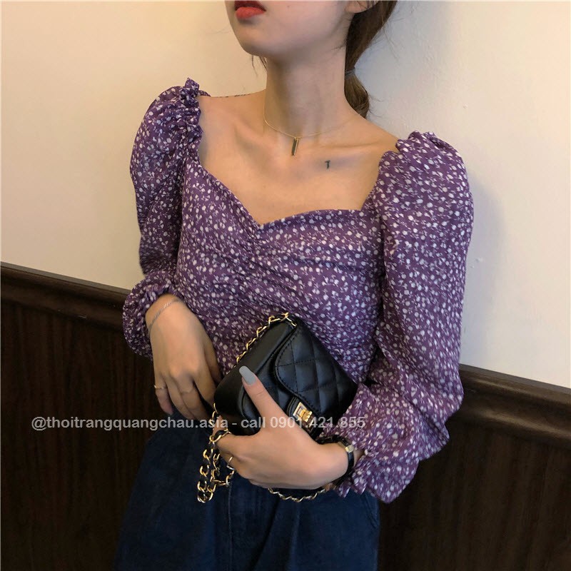 Áo kiểu nữ voan hoa nhí màu tím retro nhẹ nhàng cổ vuông vai bồng gợi cảm #QC53