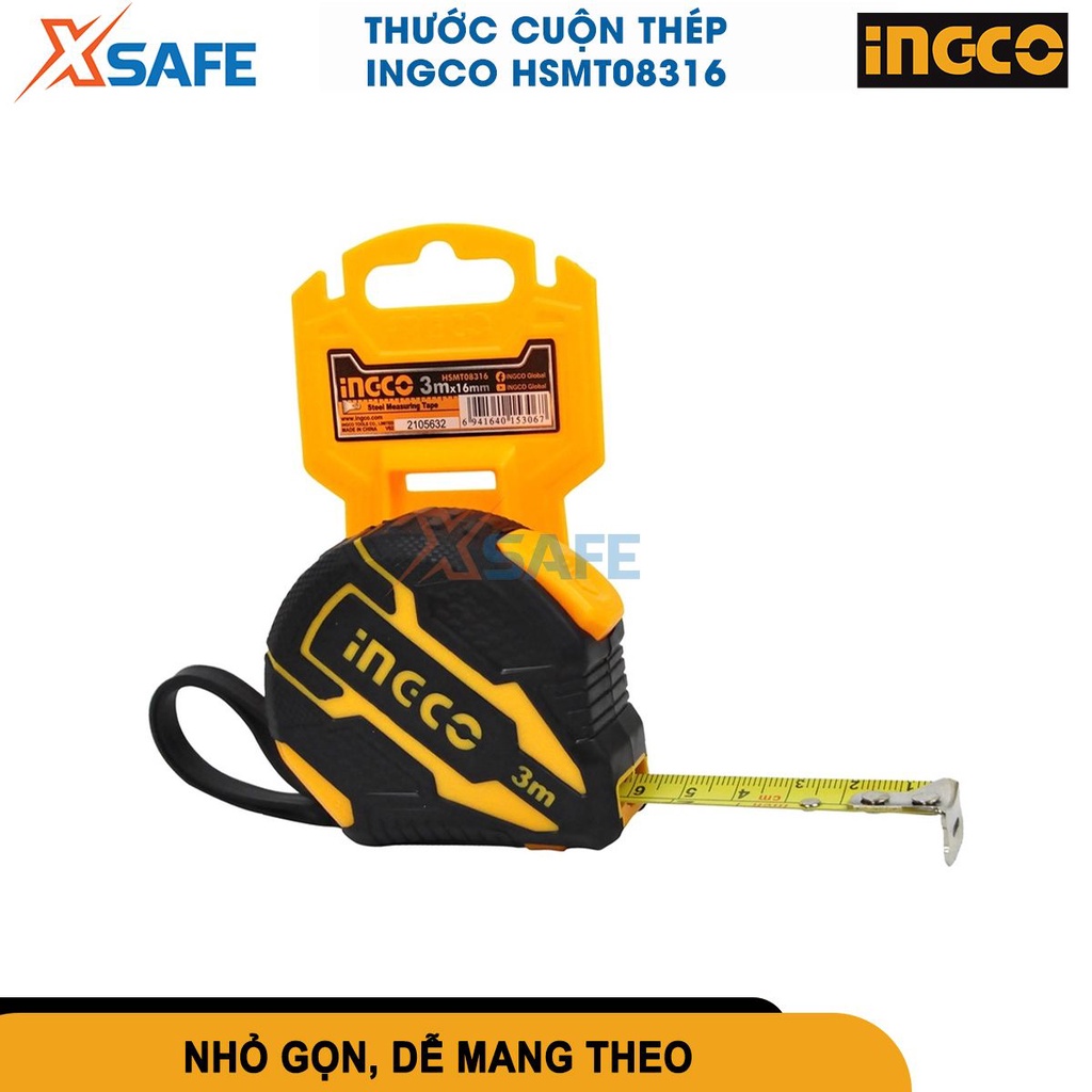Thước cuộn thép nền vàng INGCO HSMT08316 3mx16mm nút bật đôi, chức năng khóa tự động, hệ đo inch, mét