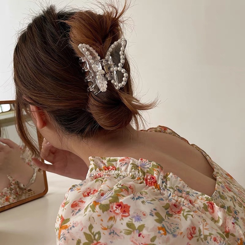 Kẹp tóc trong suốt đính đá ngọc trai giả hình cánh bướm xinh xắn