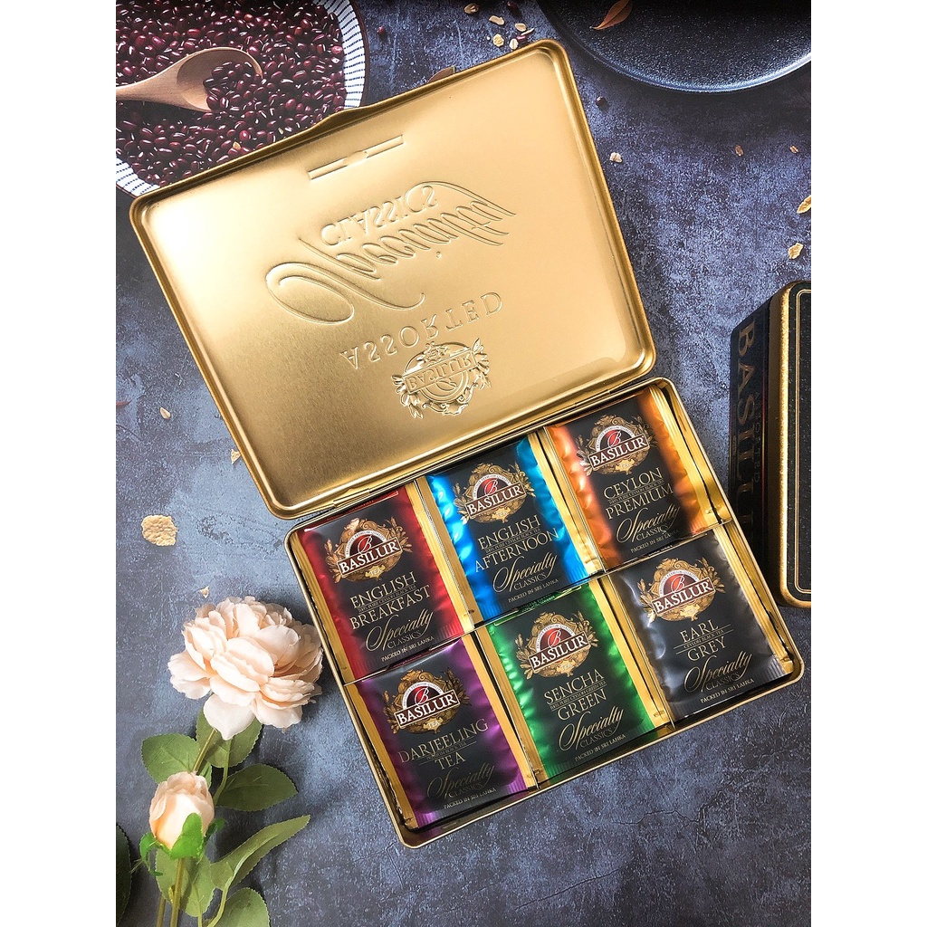 Trà Basilur mix 6 vị hoa quả uống hàng ngày hoặc làm quà tặng – Hộp đựng trà 115g