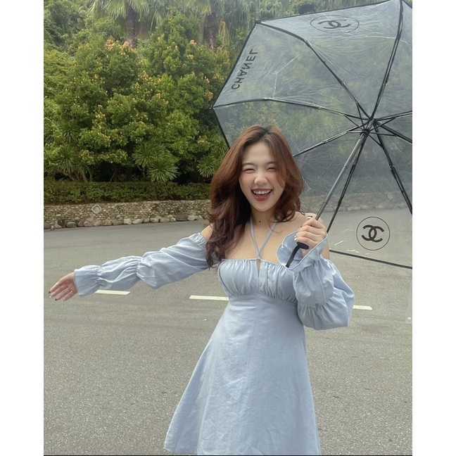 ĐẦM XANH CỔ YẾM LƯNG MOCKING CHUN TAY KHÚC BO