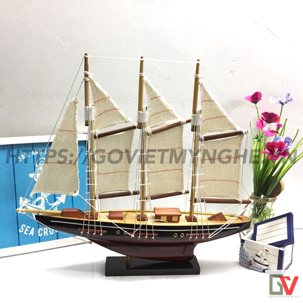 [Không lắp ráp] Mô hình thuyền gỗ trang trí nhà cửa - Thuyền gỗ Atlantic của Anh - Dài 32cm - Buồm vải bố