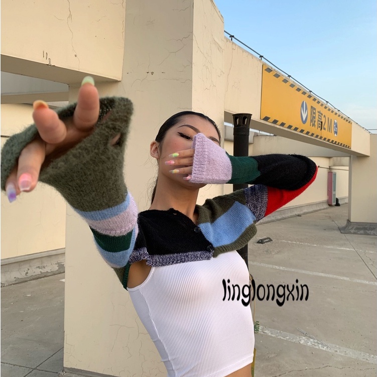 Áo Croptop Dệt Kim Tay Dài Cài Nút Màu Sắc Tương Phản Thời Trang Thu Đông Cho Nữ Linglongxi2-Y2K