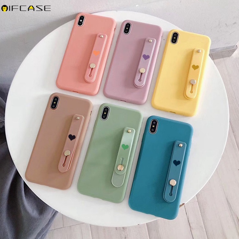 Ốp Điện Thoại Tpu Mềm Nhám Màu Kẹo Có Quai Cầm Tay Kiêm Giá Đỡ Hình Trái Tim Đơn Giản Cho Xiaomi Redmi 9 9a 9c Note 8 Pro 8t