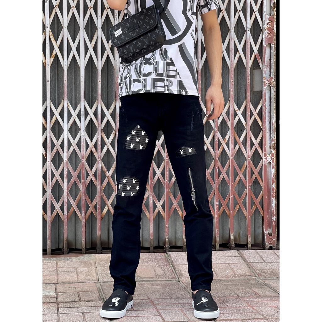 Quần Jean Amiri Nam Play Boy, Quần Bò Amiri Rách Vá Da Nhăn In Thỏ Quần Biker Cao Cấp Vải Bò Không Phai Màu