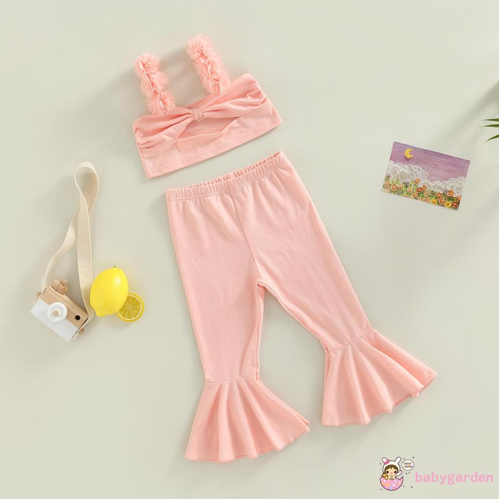 Bộ Áo Không Tay Màu Trơn + Quần Dài Ống Loe In Hoa Thời Trang Mùa Hè Cho Bé Gái 1-6 Tuổi