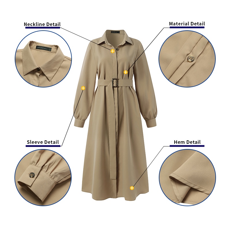 Đầm Zanzea tay dài cài nút có thắt lưng màu trơn phong cách cổ điển thanh lịch