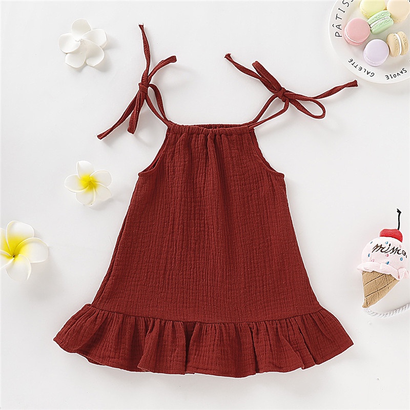 Đầm hai dây MIKRDOO bằng vải lanh cotton màu trơn dễ thương thời trang mùa hè cho bé gái 1-5 tuổi
