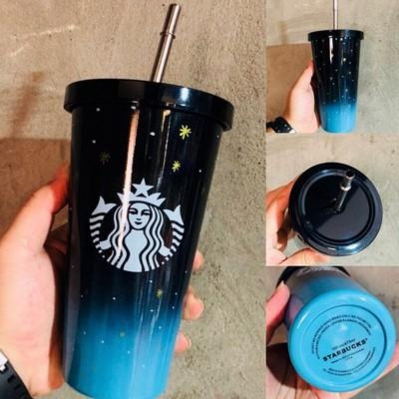 Cốc Starbucks Giữ Nhiệt Bằng Thép Không Gỉ Màu Gradient Hai Lớp Có Nắp Kèm Ống Hút Cho Người Lớn
