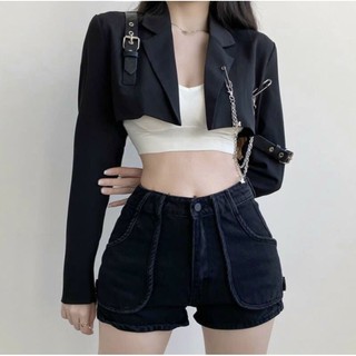 Áo khoác vest croptop phối dây xích cực ngầu -Hình thật 100%