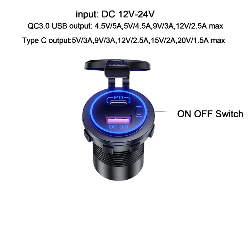 Bộ Sạc Nhanh 12v 24v Qc3.0 Usb Type C Pd Có Công Tắc Cho Xe Hơi / Xe Tải / Tàu Thuyền / Xe Mô Tô / Tàu Thuyền