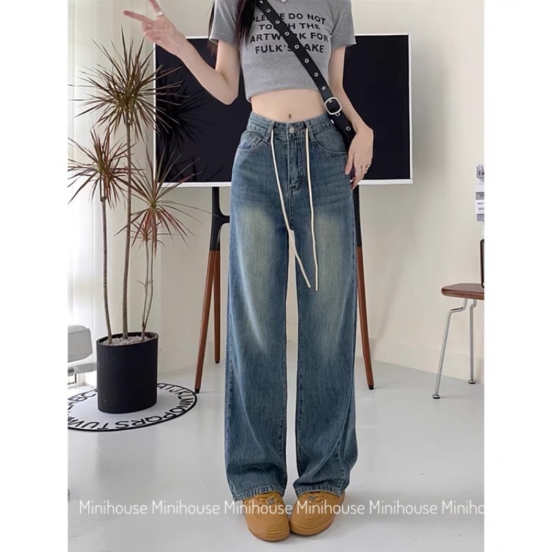 Quần jeans ống rộng lưng cao DÂY RÚT