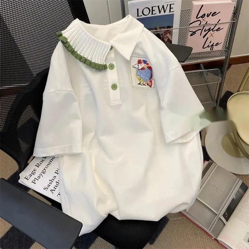 Áo Thun PoloT Màu Trắng Thêu Họa Tiết Phong Cách Phương Tây Thời Trang Xuân Hè Cho Nữ