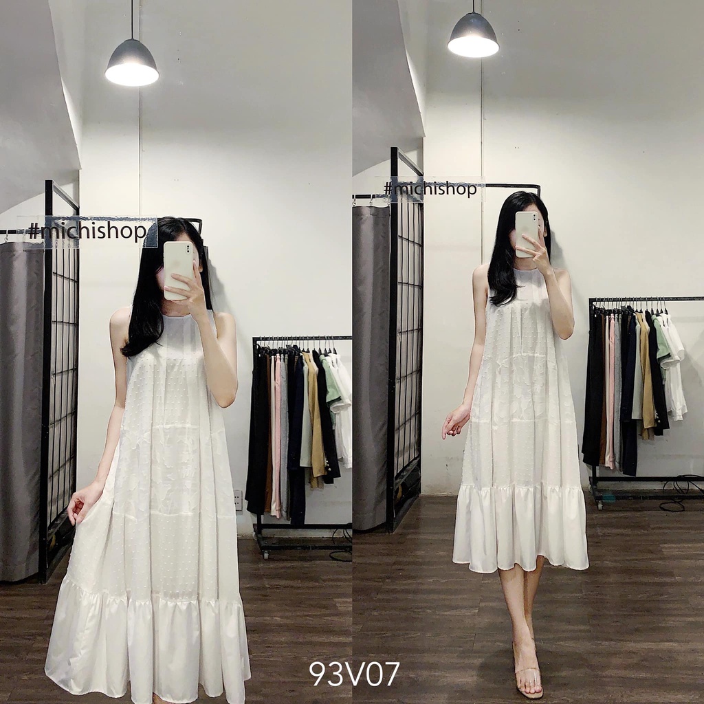 Váy midi sát nách đuôi cá ren hoa trắng freesize - 93V07