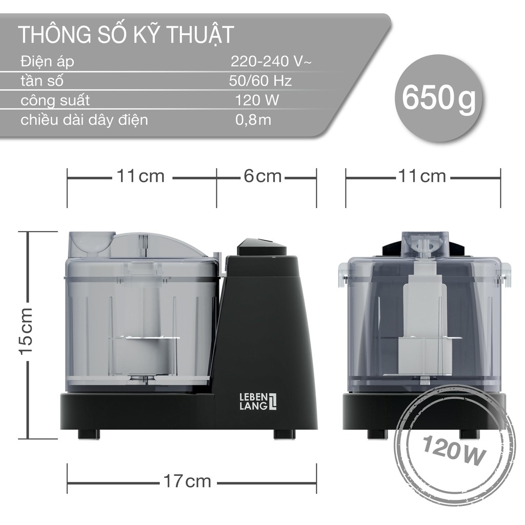 Máy xay thịt mini LEBENLANG xay thịt, tỏi, hành, ớt, gia vị, cối 350ml, công suất 120ml - hàng chính hãng