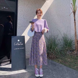 Chân váy hoa nhí tím hồng vàng uzzlang dáng dài [CÓ SẴN - ẢNH THẬT]