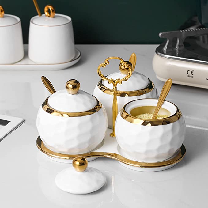 Bộ 3 hũ đựng gia vị sứ tròn nhiều màu viền vàng cao cấp phong cách Bắc Âu