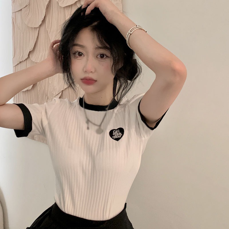 Áo Thun Dệt Kim Tay Ngắn Cổ Tròn Thêu Khối Màu Sắc Retro Hàn Quốc Dành Cho Bạn Nữ