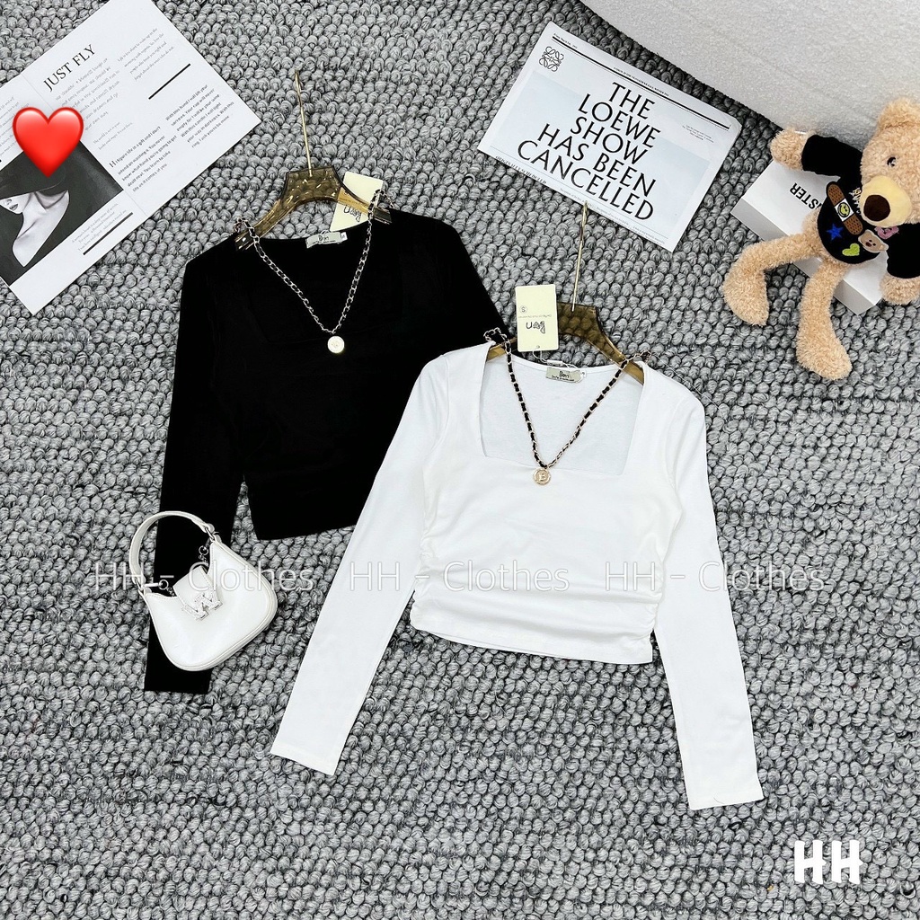 Áo thun kiểu nữ cổ vuông tay dài phối dây xích hot