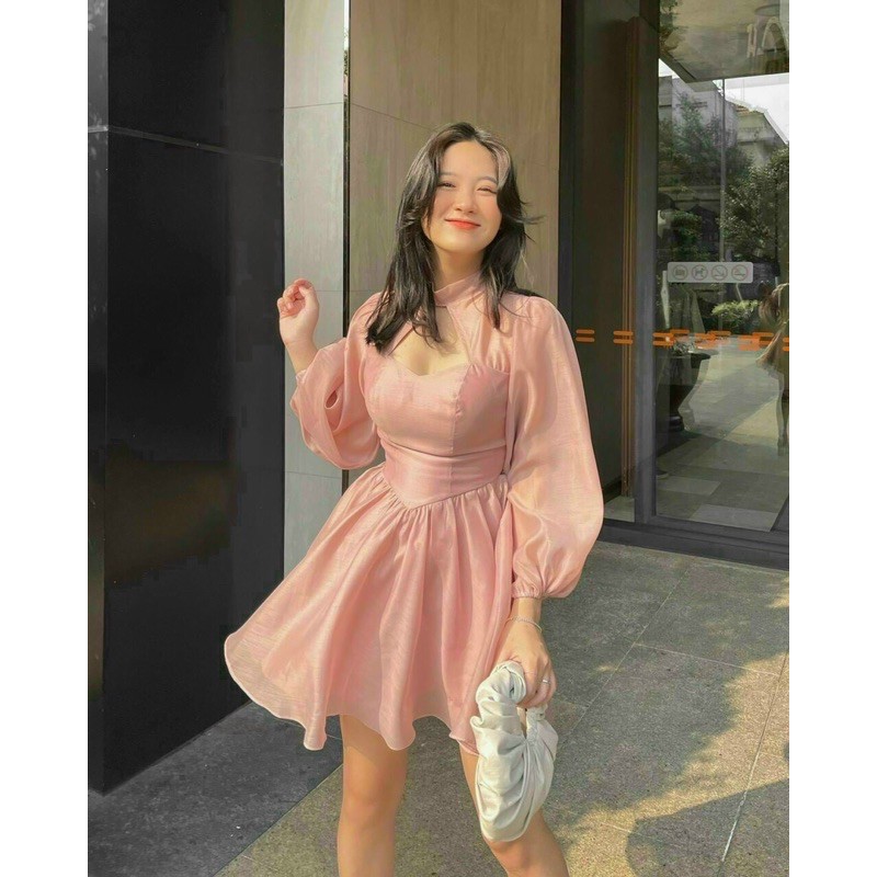 ẢNH THẬT TRẢI SÀN - ĐẦM MIDI HỒNG TAY DÀI NƠ CỔ