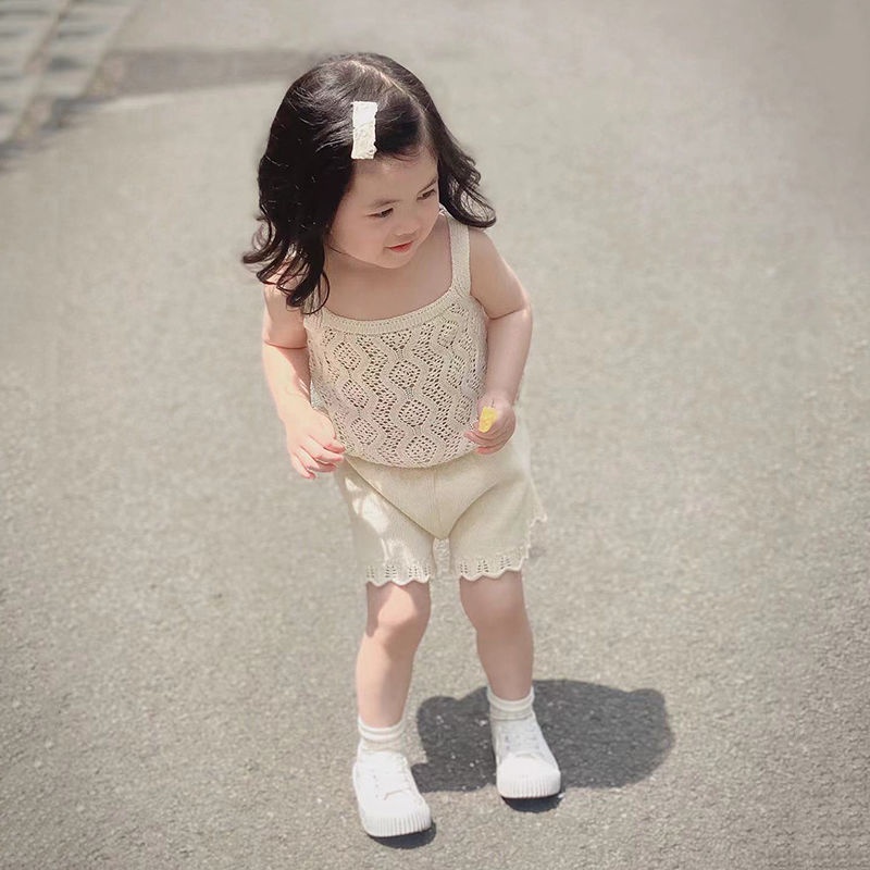 Set Đồ Mùa Hè 48 Giờ Gồm Áo Hai Dây + Quần Ngắn Dệt Kim Phong Cách Mori Hàn Quốc Cho Bé Gái