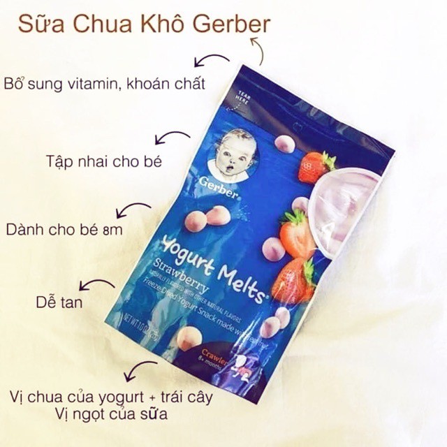 [Đồ ăn dặm cho bé] Bánh sữa chua khô Gerber cho bé 8 tháng ăn dặm, kẹo sữa chua sấy Gẻber yogurt