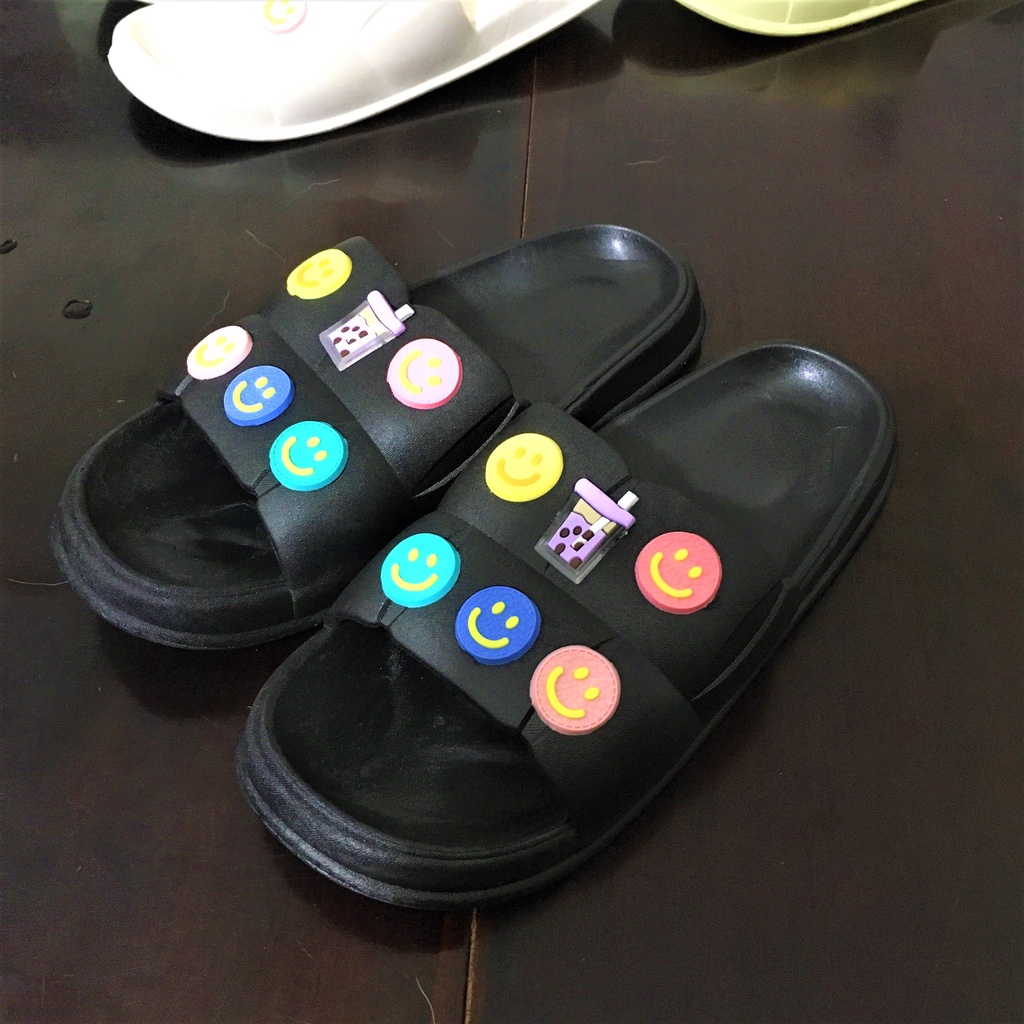 Dép nữ dễ thương, quai ngang, dép bánh mì, đế cao, sticker, hình dán, trà sữa, hồng, xanh bơ, êm chân, size lớn, slipper