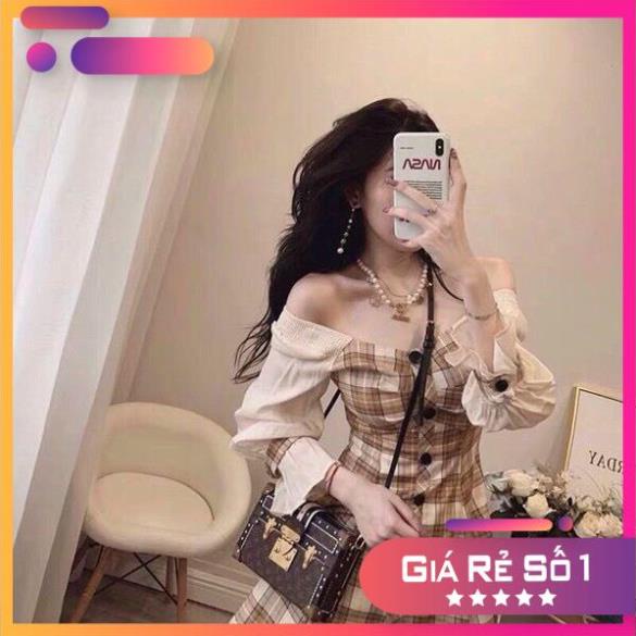 Đầm trễ vai caro nâu tôn dáng, váy caro phối nút dáng xòe màu sắc thanh lịch cho nàng dạo phố, dự tiệc