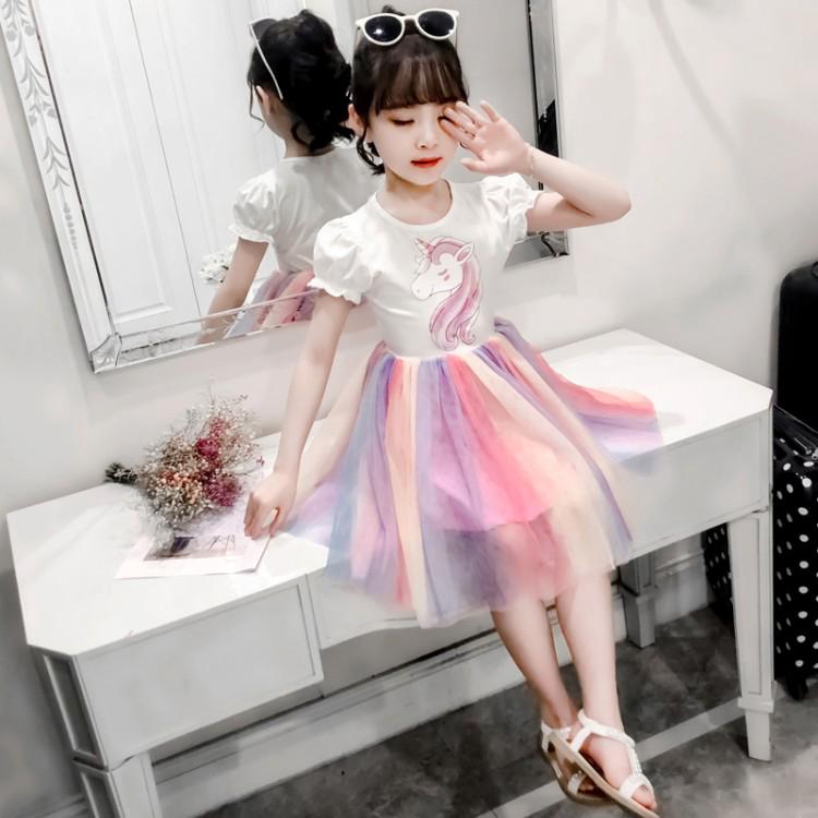 Rainbow unicorn pattern dress for girls