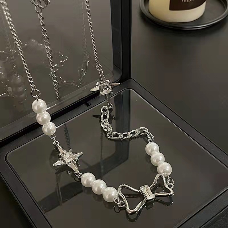 Dây Chuyền Nữ Thép Titan Không Gỉ Đôi Ngôi Sao Phối Ngọc Trai Nhân Tạo Với Thiết Kế Mới Mát Mẻ