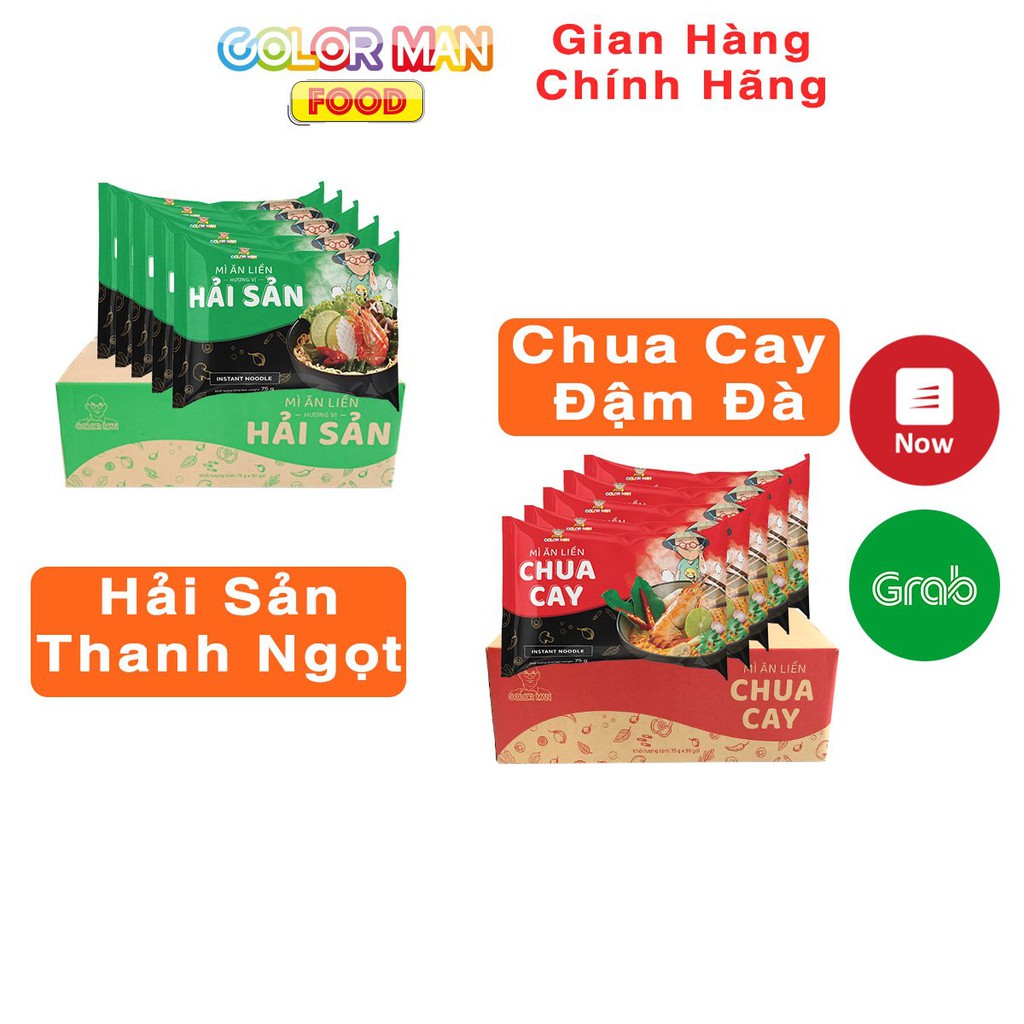 Thùng Mì 30 Gói Color Man 2 vị Chua Cay, Hải sản từ khoai tây, bột gia vị chua cay đậm đà và hải sản thanh ngọt