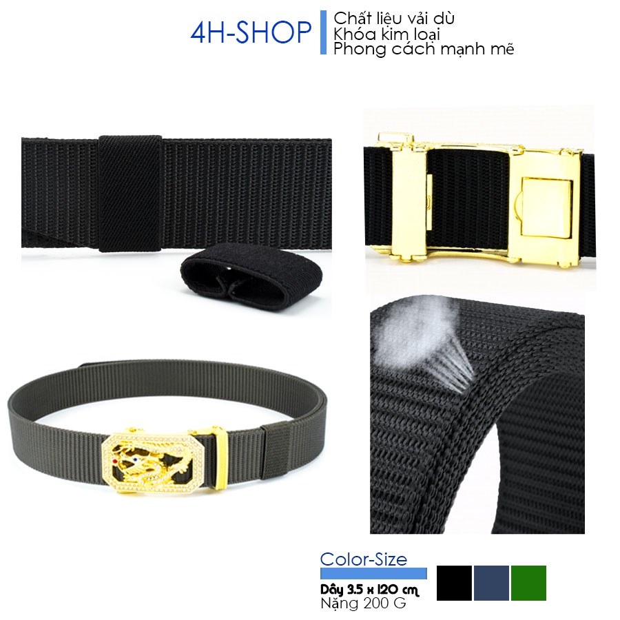 Thắt lưng nam vải dù , khóa kim loại mạ vàng hình rồng thần nhả châu chỉnh dây tự động 4 x 8 cm dây 3.5 x 120 cm.