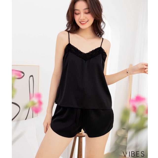 Bộ đồ mặc nhà 2 dây Lụa cao cấp màu đen VIBES Jade Straps Set
