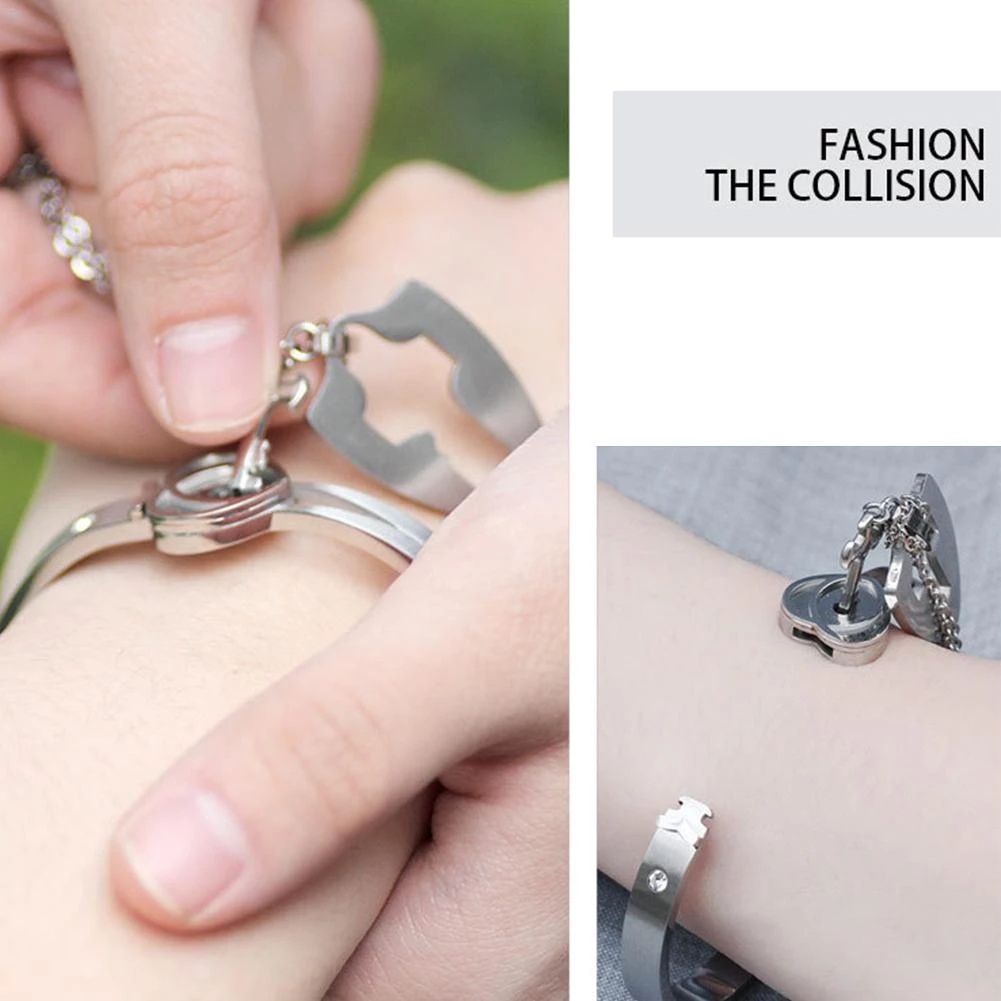 Set 2 Vòng cổ/Vòng Tay Mặt Ổ Khóa Trái Tim/ Chìa Khóa Bằng Thép Không Gỉ Màu Bạc Thời Trang Dành Cho Các Cặp Đôi