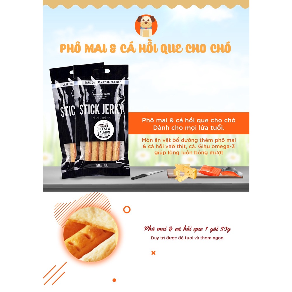 [DINH DƯỠNG CAO] BÁNH THƯỞNG MỀM DẠNG QUE CHO CHÓ VỊ GÀ, PHÔ MAI, CÁ HỒI STICK JERKY BOWWOW 50G