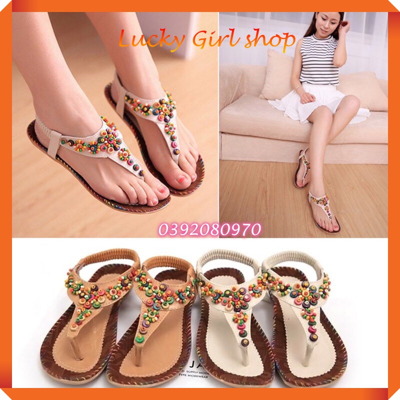 Sandal Nữ Xỏ Ngón Bohemian Đính Hạt Gỗ Đế Chống Trượt Siêu Xinh - Lucky Girl shop
