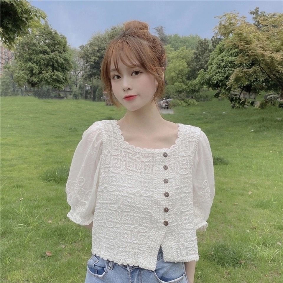 AMOI Áo Sơ Mi Tay Ngắn Cổ Vuông Thêu Họa Tiết Phong Cách Pháp Thời Trang Cho Nữ