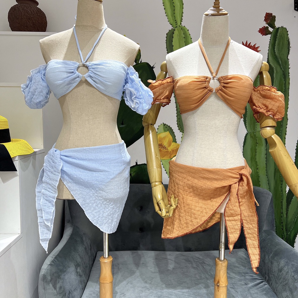 Bikini đi biển 3 mảnh freesize xốp thái phồng tay phối khoen thun nhún BK021
