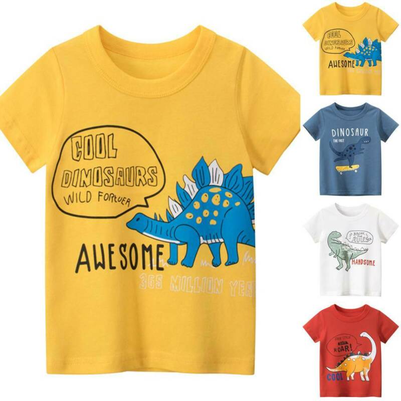 Children's Clothing Boys Girls Fashion Tops Cartoon Dinosaur Printed Short Sleeve Cotton