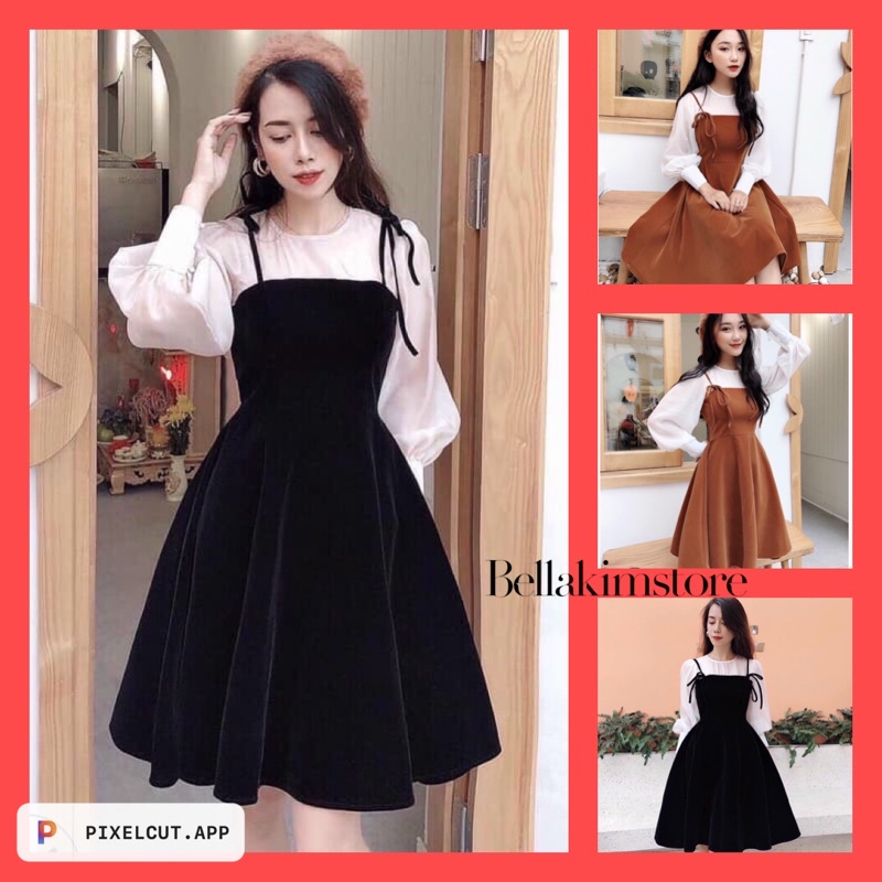 Set áo voan mix váy yếm cát hàn siêu xinh Hàng y hình