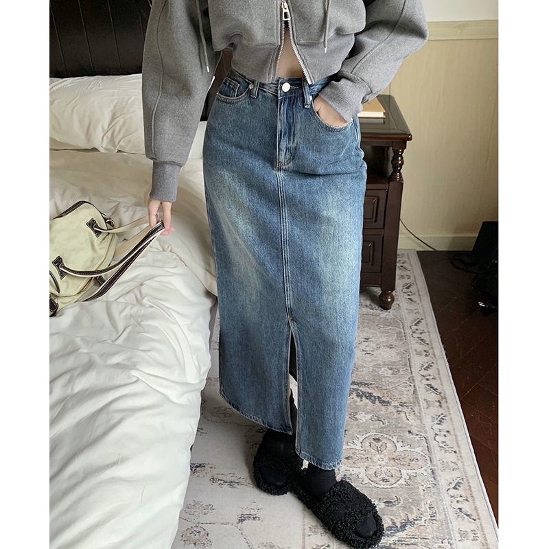 COZOKC COZOK Chân váy jean COZOK dáng chữ A lưng cao thiết kế xẻ tà phong cách retro thời trang