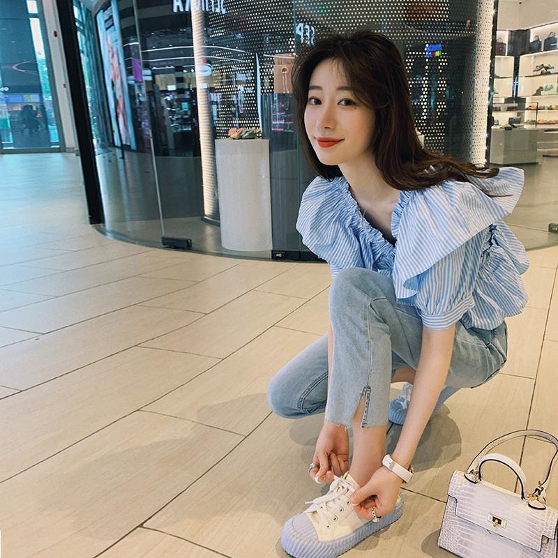 Áo Sơ Mi Ngắn Tay Cổ Chữ v Họa Tiết Kẻ Sọc Màu Xanh Dương Phong Cách Hàn Quốc Cho Nữ JL-TX-256