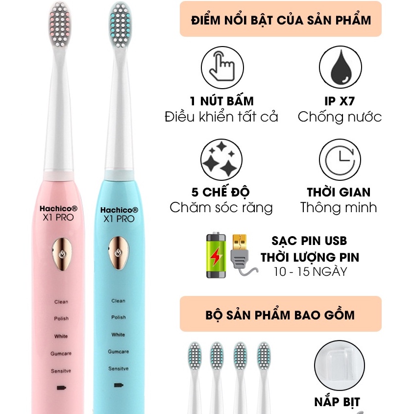 Bàn chải điện, bàn chải đánh răng điện bản Pro nâng cấp đặc biệt + Tặng kèm 3 đầu chải