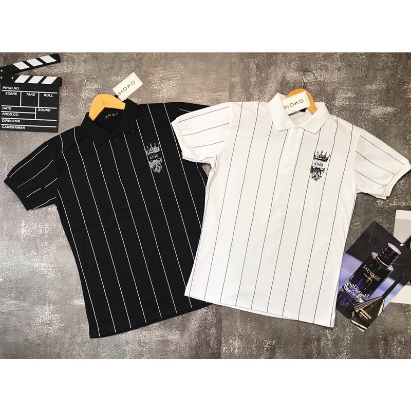 Áo Polo nam cổ bẻ tay ngắn phối kẻ sọc thêu chữ KING cực chất form ôm dáng người chất vải cotton mát | BigBuy360 - bigbuy360.vn