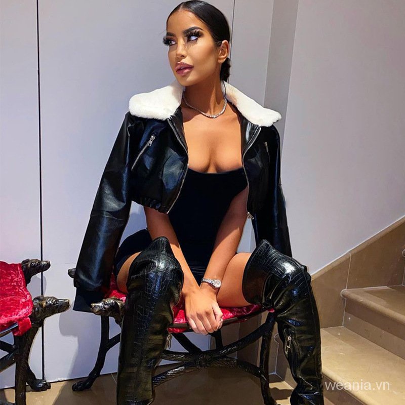 Áo Khoác Nhung Dài Tay Phối Khóa Kéo Phong Cách Retro Pháp Cho Nữ